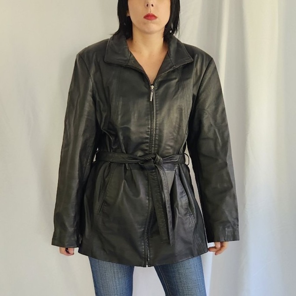 Worthington Black Leather Zip Up Trench Coat‎
